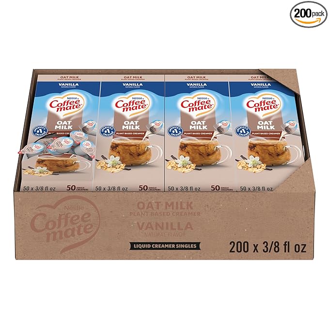Nestle Coffee mate Coffee Creamer, Oat Milk, Vanilla Natural Flavor, Liquid Creamer Singles, Plant-Based, Non Dairy, No Refrigeration, 0.375 fl oz Tubs (Pack of 200)