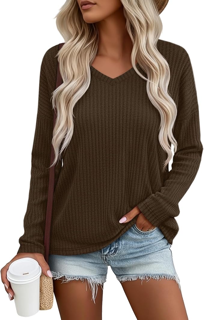 Women's V Neck Sweater Long Sleeve Knit Oversized Shirt Loose Lightweight Fall Casual Pullover Sweater Top
