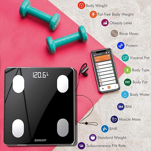 KONQUEST Smart Scale for Body Weight, Digital Bathroom Scale BMI Weighing Bluetooth Body Fat Scale, Body Composition Monitor Health Analyzer with Smartphone App, 400 lbs - Black