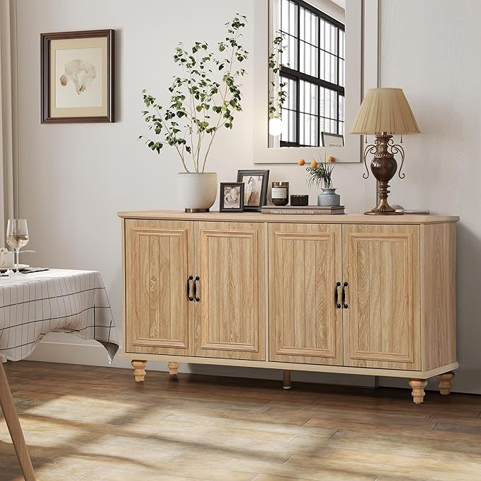 59" Sideboard Buffet Cabinet with Storage, Large Retro Credenza with 4 Doors & Adjustable Shelves Wood Rectangular Coffee Bar Table Console for Kitchen, Living Room, Hallway, Entry (Natural)