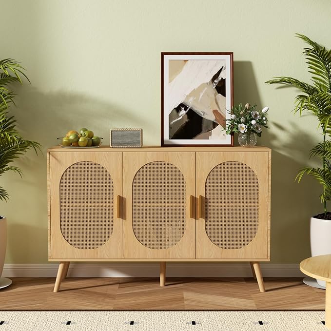 Modern Rattan Storage Cabinet with Doors, Wood Sideboard Buffet Cabinet for Living Room, Entryway, Dining Room (3-Door)