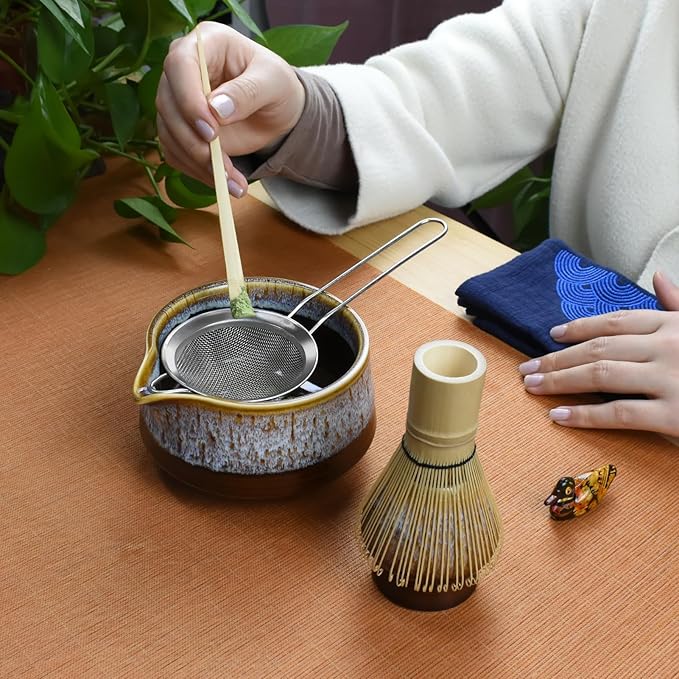 Artcome Matcha Tool Set - Complete Kit with Matcha Bowl with Spout, Bamboo Whisk, Tea Scoop, Whisk Holder, Scoop Holder, Tea Cloth & Powder Strainer, Golden Glaz