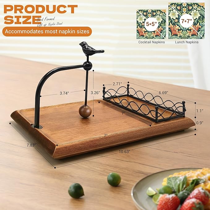 Elegant Flat Wooden Napkin Holder with Bird Design, Multifunctional Napkin Holder for Table, Kitchen, Outdoor Use Walnut Brown Wood Base Includes Space for Salt and Pepper Shakers
