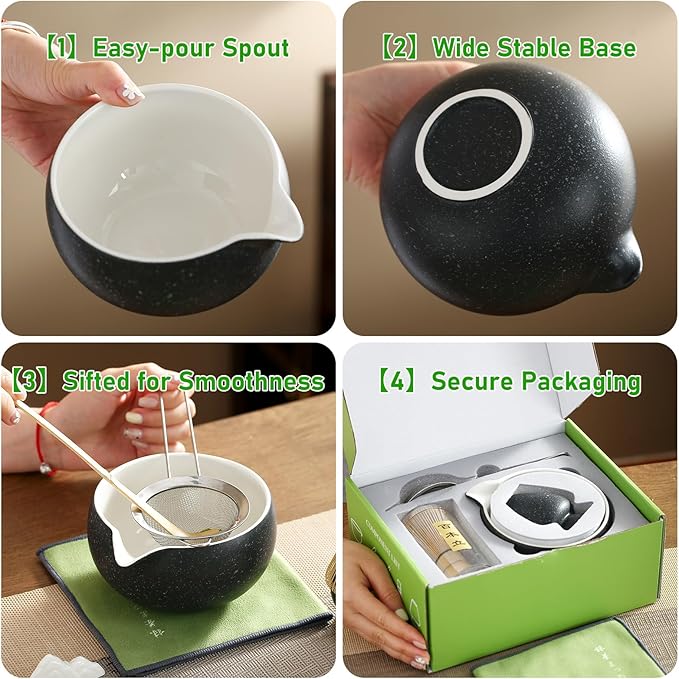 Matcha Whisk Set, Ceramic Matcha Bowl with Spout, Bamboo Whisk, Scoop, Sifter, Holder, Tea Towel, 7-Piece Matcha Kit for Making Breakfast/Latte