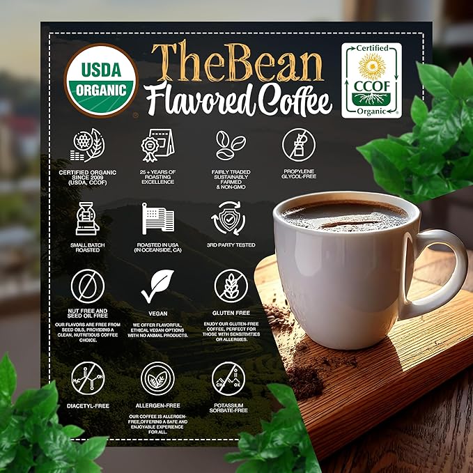 The Bean Organic Coffee Company Water Processed DECAF Chocolate Macadamia Nut, Medium Roast, Ground Coffee, 16-Ounce Bag, Café Molido Tostado Orgánico descafeinado