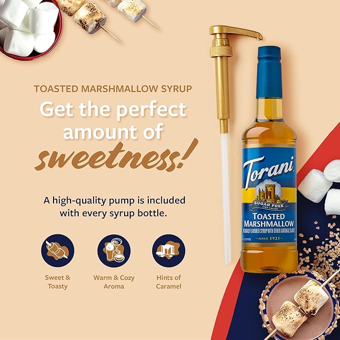 Torani Sugar Free Coffee Syrup, Toasted Marshmallow Flavored Syrup for Drinks, Zero Calorie, Pump Included, 25.4 Fl Oz