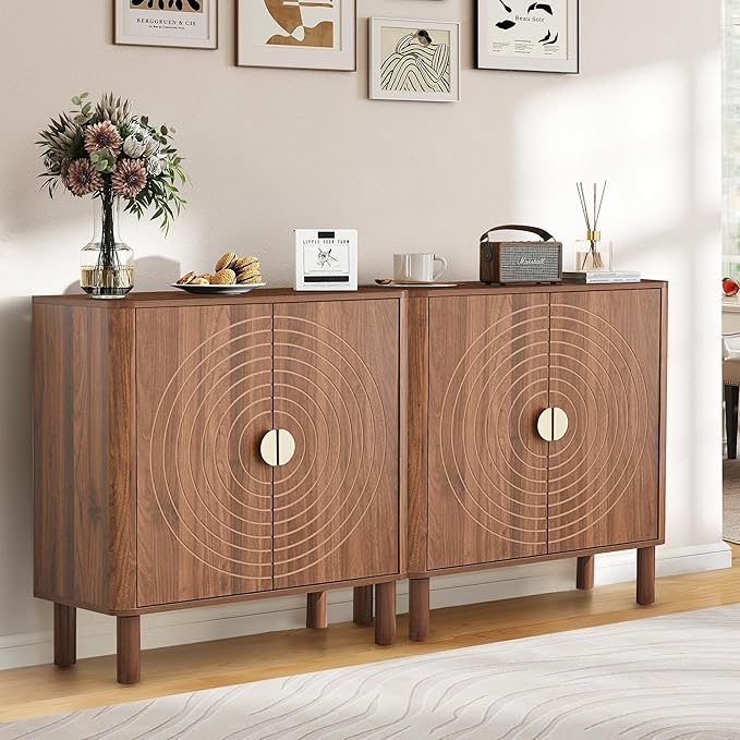 Sideboard Buffet Cabinet, Kitchen Sideboard Cabinet with 2 Doors and Adjustable Shelf, Wood Coffee Bar Console Table for Living Room, Dining Room, Hallway (Walnut)