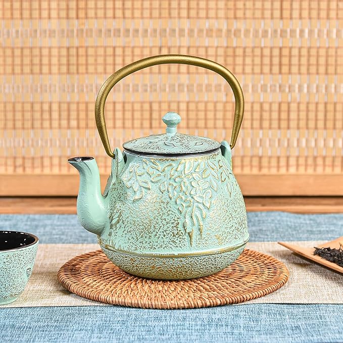 Sungmor Cast Iron Japanese Tetsubin Tea Kettle with Infuser - Stovetop Safe, Enameled Interior - 32 Ounce Light Green Teapot with Salix Leaf Pattern