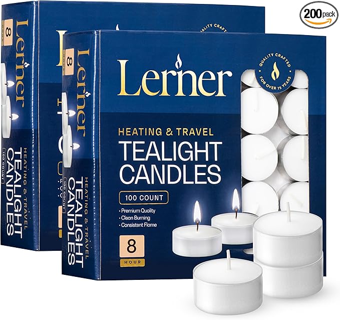 Lerner Tealight Candles, 200 Count| 8 Hours Long-Burning White Tea Light Candles| Non-Toxic, Smokeless & Soot-Free Tea Light Warmer Candles | Unscented Party, Décor, Shabbat Tea Candles