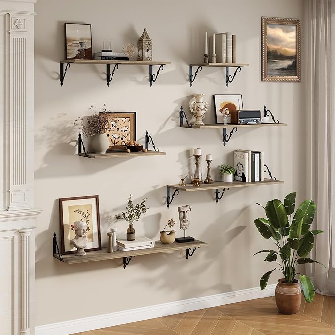 RICHFOCUS 12 Inch Deep Floating Shelves for Wall, 55" W x 12" D Wood Wall Shelves Set of 2, Wide Floating Shelves for Living Room, Bedroom, Kitchen, Bathroom and Decor Storage, Grey