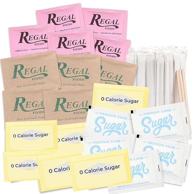 Sugar and Sweetener Packets Assortment with Wooden Coffee Stirrers Multiple Sizes and Varieties for Home Office Coffee Bar or Gift (450 Count – Sucralose & Aspartame Mix)