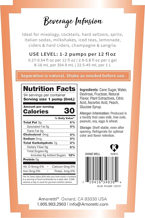 Amoretti - Peach Beverage Infusion, 94 Servings Per Bottle (750 ml) - Drink Mix & Water Enhancer with Pump for Flavoring Cocktails, Waters, Teas, and other Beverages, Preservative Free