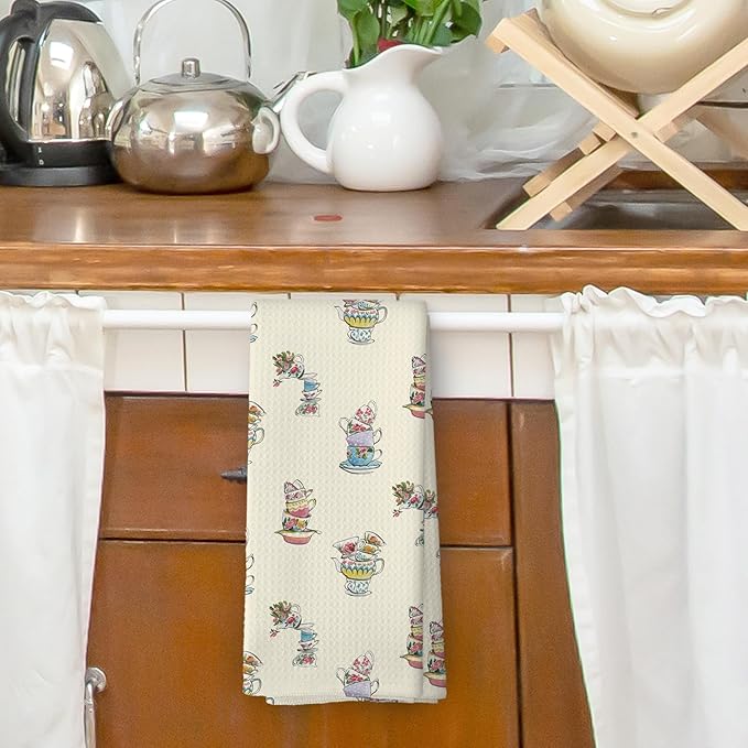Vintage Spring Floral Teacups Kitchen Dish Towels, Retro Garden Tea Lover Gifts for Women, Roses Flower Cups Teapots Kitchen Decor, Tea Time Hand Towels Kitchen Tea Towels Decorations, 16x24inch