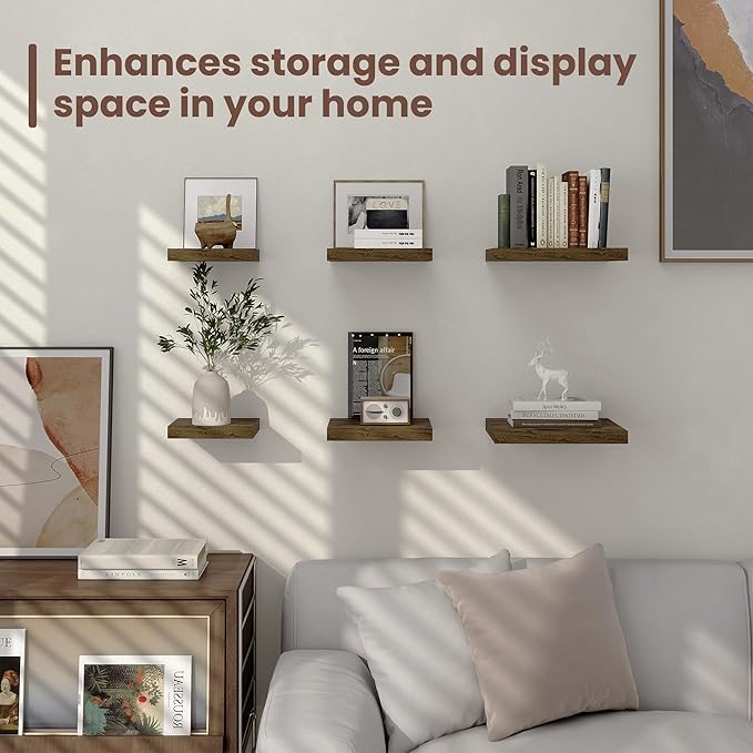 Fun Memories Square Floating Shelves for Wall - 12 Inch Deep Floating Shelves with Invisible Brackets, Brown Small Wall Shelf for Living Room, Bathroom, Bedroom, and Kitchen Decor，Set of 4