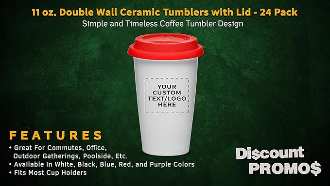 Personalized 11 oz. Double Wall Ceramic Tumblers with Lid - 24 Pack - Custom Text, Logo - Red