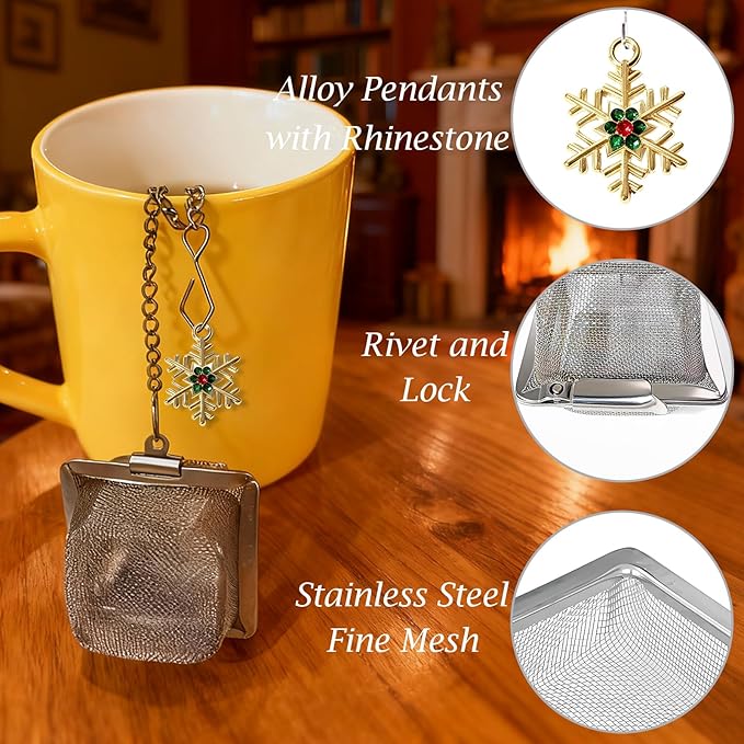 Snowflake Tea Infuser Set, 2 PCS Stainless Steel Tea Balls with Sparkling Rhinestone Gold & Silver Pendant, Reusable Loose Leaf Strainer for Winter & Christmas Gift
