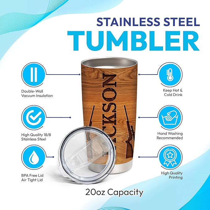 Hyturtle Personalized Hunting Gifts For Men - Deer Hunting Tumbler 20 Oz Travel Coffee Mug Stainless Steel - Fathers Day Hunting Gift For Dad, Him, Boy, Husband, Hunters From Son, Wife On Birthday