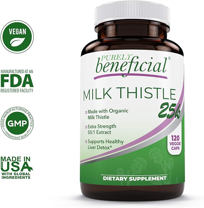 PURELY beneficial Organic Milk Thistle Capsules, 50:1 Milk Thistle Extract, Silybum Marianum 25000 mg Strength, Liver Cleanse & Antioxidant Support, 120 Veg Capsules, Vegan & Non-GMO