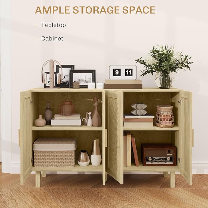 HOMCOM Boho Sideboard Buffet Cabinet, Coffee Bar Cabinet with 4 Rattan Doors and Adjustable Shelves for Kitchen, Living Room, Natural