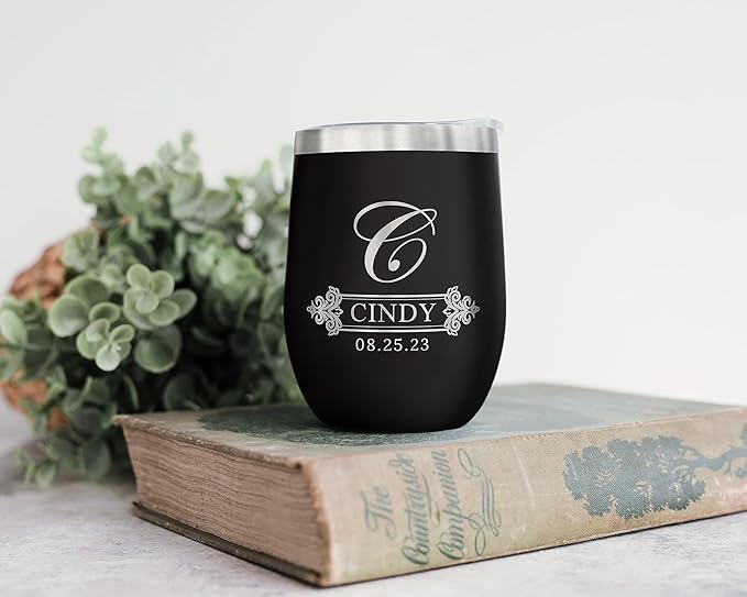 Gifts Inscribed Personalized Wine Tumbler with Lid – Black Custom Engraved Stainless Steel Insulated Mug for Hot & Cold Drinks – Customized Bridesmaid, Wedding, or Birthday Gift