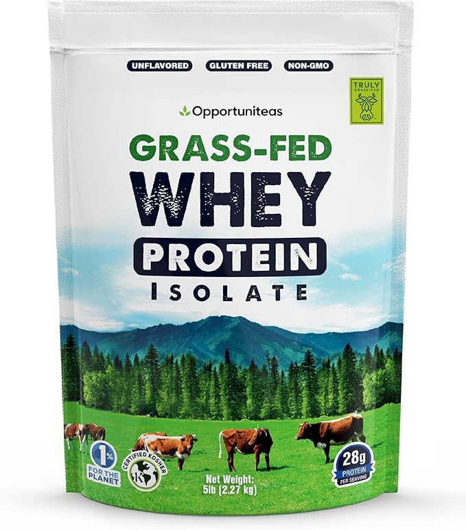 Opportuniteas Grass Fed Whey Isolate Protein Powder – Unflavored, Heavy-Metal Tested, 28g Protein, Sourced from Ireland, Hormone-Free, Non-GMO, Packaged in USA – 5lb
