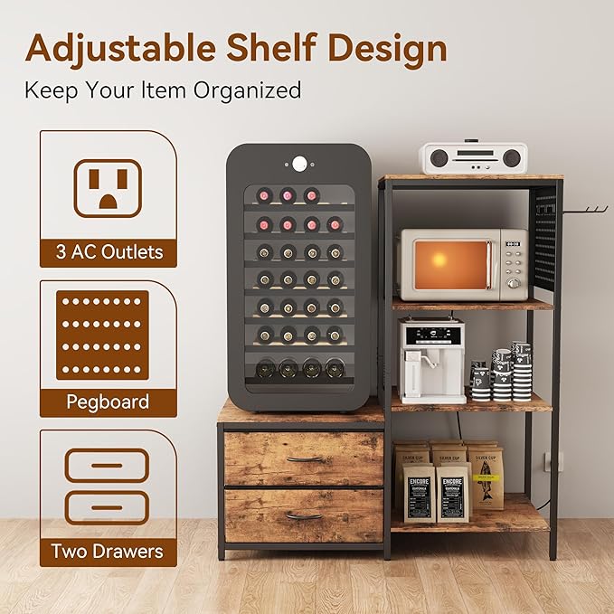 Mini Fridge Stand with Adjustable Shelf, Power Outlet & Storage, Kitchen Organizer for Microwave, Coffee Bar, Dorm, Office (Brown)