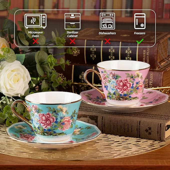 KAMMAK Ceramic Coffee Cups and Saucers Set of 2, Porcelain Espresso Cups with Saucers, 7oz Handcrafted Ceramic Floral Coffee and Tea Cup, Vintage Drinkware for Tea Party, Office, Women Gifts