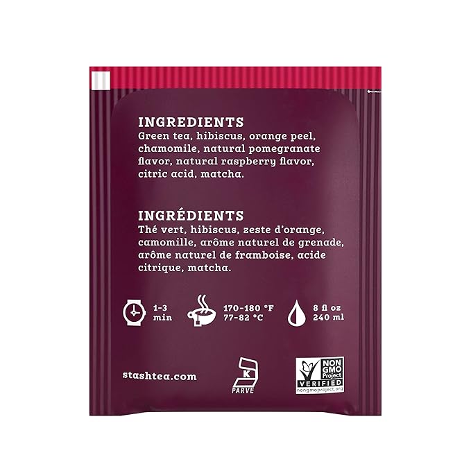 Stash Tea Pomegranate Raspberry & Matcha Green Tea - Caffeinated, Non-GMO Project Verified Premium Tea with No Artificial Ingredients, 18 Count (Pack of 6) - 108 Bags Total