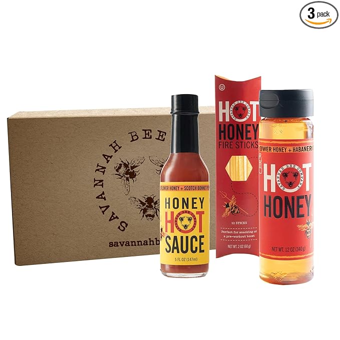 Savannah Bee Company Hot Honey Box Gift Set - Award-Winning Honey Collection - Includes Hot Honey, Sauce, and Fire Sticks - Perfect Gourmet Gift for Spice Lovers