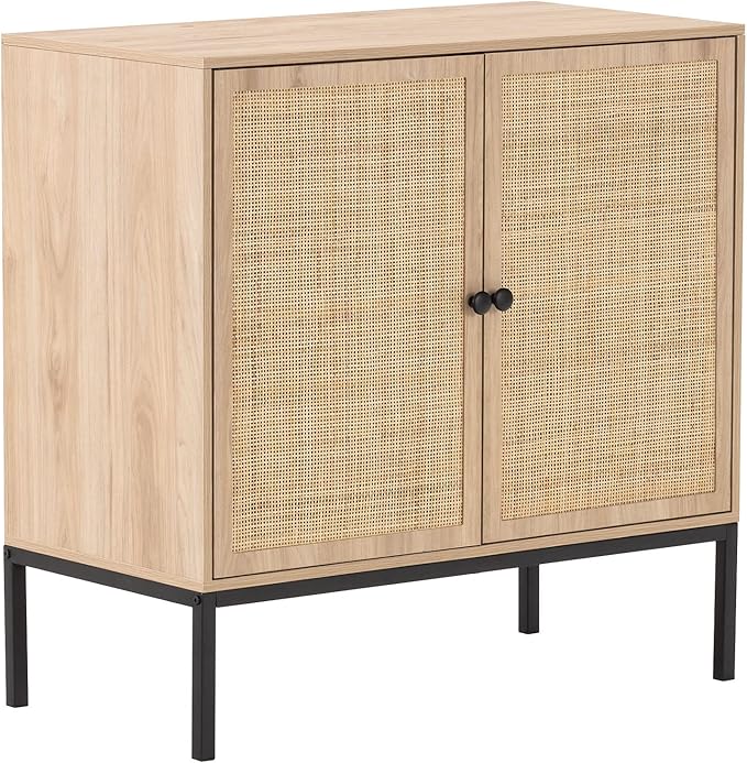 XIAO WEI Sideboard Buffet Cabinet with 2 Natural Rattan Decorated Doors, 31.5" W Accent Rattan Cabinet, Boho Credenza Storage Cabinet, for Living Room Dining Room Hallway, Metal Legs, Natural