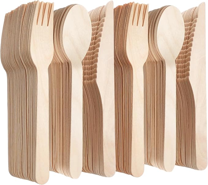 LotFancy Disposable Cutlery Set, 200Pcs Wooden Compostable Utensils (100 Forks, 50 Spoons, 50 Knives) Eco-Friendly Forks And Spoons Silverware