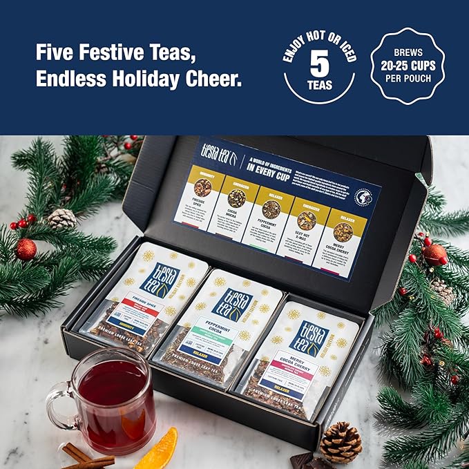 Tiesta Tea - Santa's Bag Tea Gift Set, High to Non-Caffeinated Assorted Blends, 5 Individual Resealable Pouches for Hot & Iced Brews Variety Pack, Black, Rooibos, and Herbal