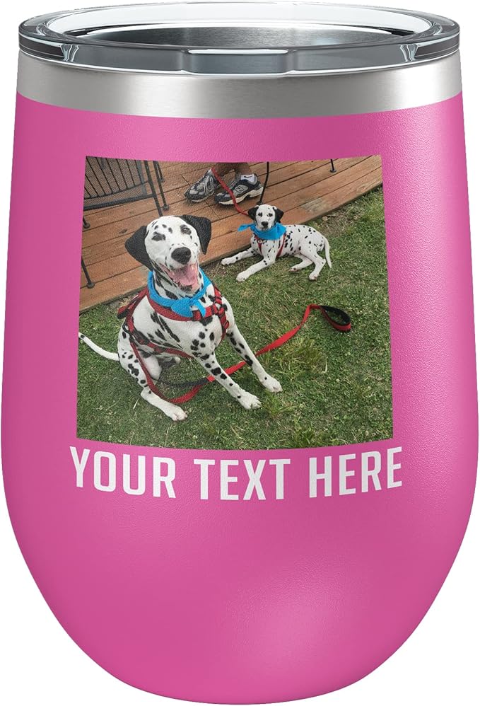 Personalized Mothers Day 12oz Photo Printed Insulated Stainless Steel Powder Coated Stemless Wine Tumbler with Lid, Customized Mum Gift Idea for Women Her, Custom Mom Coach Gifts Team (Pink)
