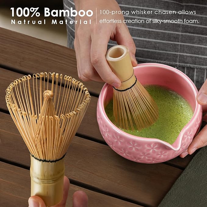7Pcs Matcha Whisk Set, Ceramic Matcha Bowl with Spout, Bamboo Whisk and Holder,Bamboo Scoop,Scoop Rest,Sifter,Tea Towel, Matcha Kit with Cherry Blossom Carved Patterns for Matcha Lovers (Sakura Pink)