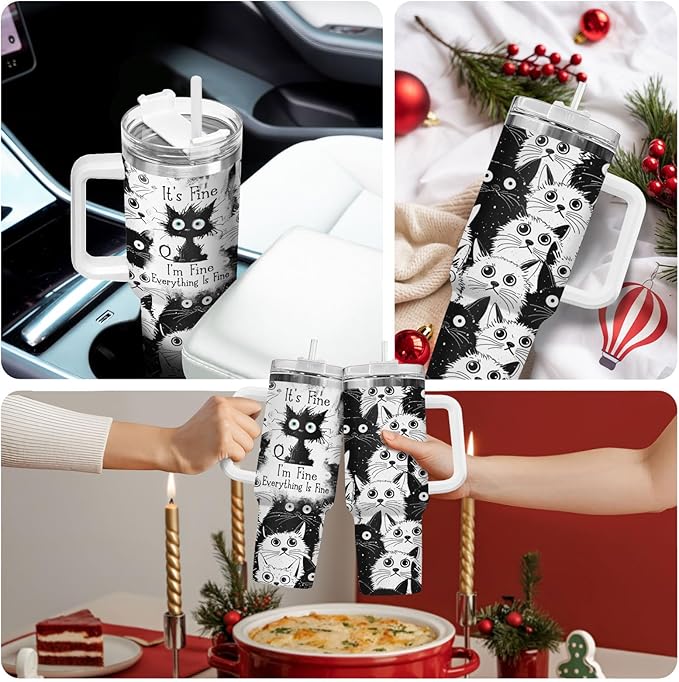34HD Funny Black Cat Tumbler with Handle and Straw, 40oz Stainless Steel Vacuum Insulated Everything Is Fine Cup, Cat Lover Gifts for Women Birthday Mothers Day Halloween Christmas