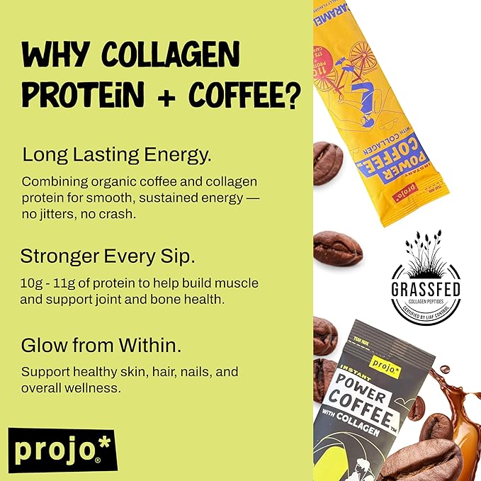 Projo* Power Coffee – Instant Coffee with 11g Protein – Grass-Fed Hydrolyzed Bovine Collagen & 175mg Caffeine, Organic, Variety - 1 Packet Each - Bold Black, Vanilla, Cinnamon, Caramel & Mocha Lattes