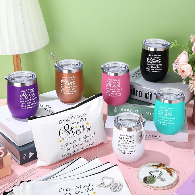 Sliner 6 Pack Friend Gift for Women Christmas Good Friends Are Like Stars Wine Tumbler Cup 12 oz Friendship Canvas Makeup Bag and Inspirational Keychain Xmas Gifts