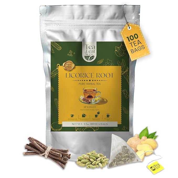 Tealeaf & Co. Licorice Root Tea Blended with Spices - Pure Herbal Tea Bags with Cardamom, Ginger, Cinnamon Sticks & Licorice Root Extract - Low Caffeine - Gluten Free - 100 Teabags