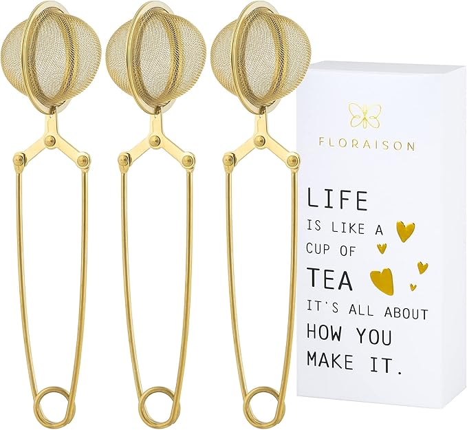Tea Infuser Tea Ball Tea Filter with Clip for Brew Loose Tea Perfect Pincer Tea Infuser Busket Colador Infusor té Metal Mesh Tea Filter Sifter Fine Mesh Ball Tea Filter (Gold Long Handle Tea Filter)