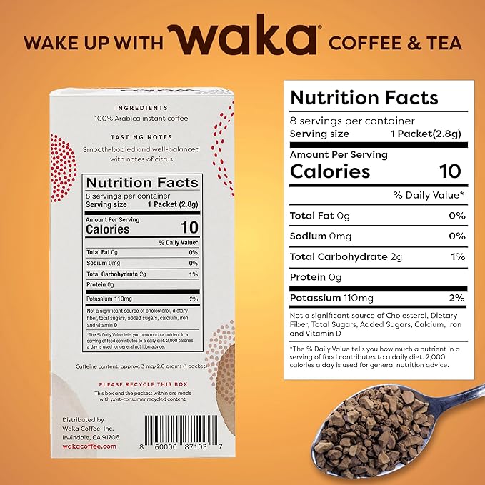 Waka Premium Decaf Instant Coffee Sachets — 100% Arabica Freeze Dried Beans — For Hot or Iced Coffee (8 Count, Decaf Medium Roast)