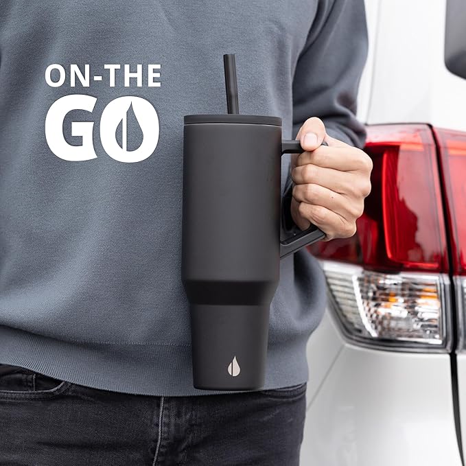 Elemental 40 oz Tumbler with Handle and Straw - Spill Proof Insulated Stainless Steel Commuter for Hot and Cold Beverages - Travel Coffee Mug with 2 Straws & Spill Proof Lid - 40oz - Black