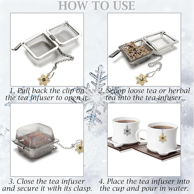 Snowflake Tea Infuser Set, 2 PCS Stainless Steel Tea Balls with Sparkling Rhinestone Gold & Silver Pendant, Reusable Loose Leaf Strainer for Winter & Christmas Gift