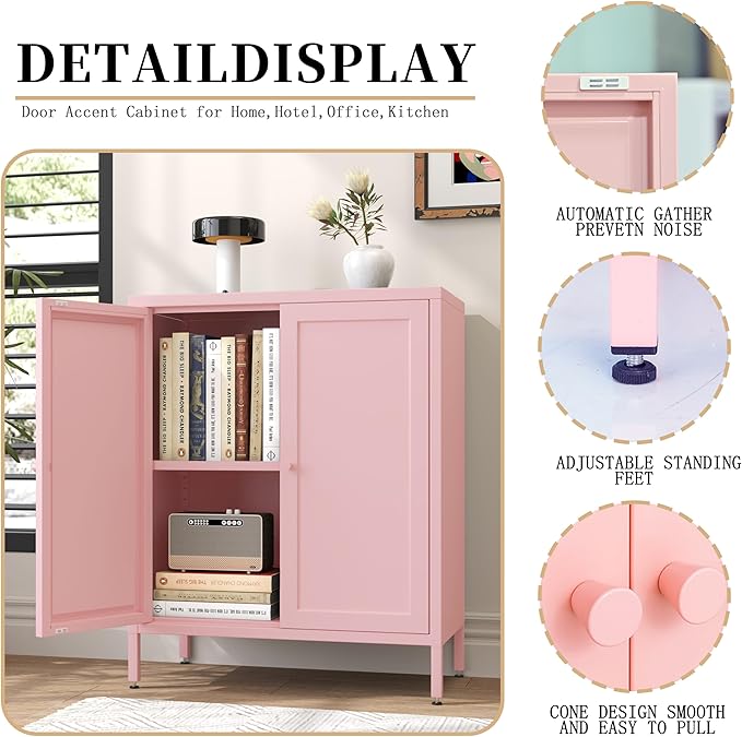 Small 2 Transparent Door Metal Storage Side Buffet Cabinet for Bed Room,Living Room,Entryway,Hallway,Home,Hotel,Office,Garage,Kitchen,1 Removable Shelf. (Square Door, Pink)
