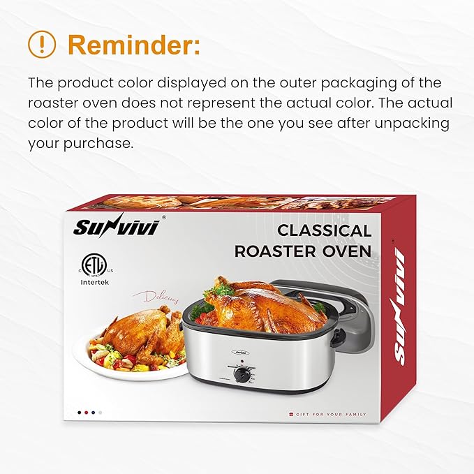 Sunvivi Electric Roaster,26 Quart Roasting Oven with Self-Basting Lid Removable Pan,Turkey Roaster Oven with 150 to 450F Temperature Control Cool-Touch Handles, Grey