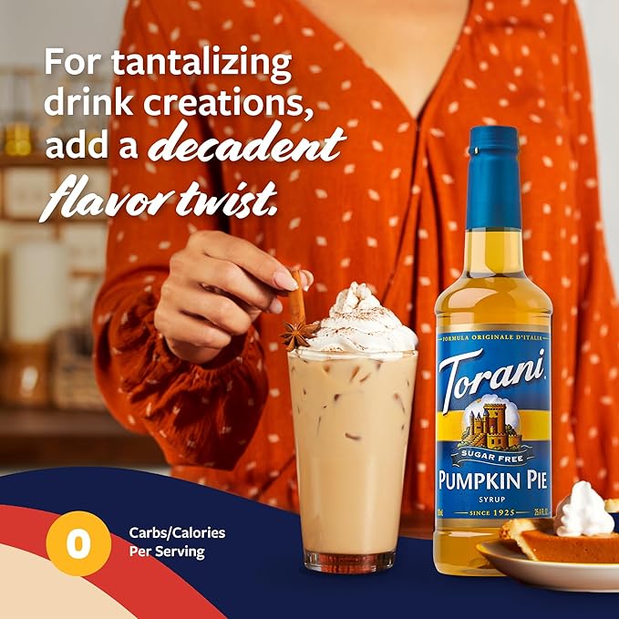 Torani Sugar Free Coffee Syrup, Pumpkin Pie Flavored Syrup for Drinks, Zero Calorie, Pump Included, 25.4 Fl Oz