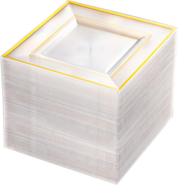 bUCLA 100PCS Clear Gold Plastic Square Plates - 6 Inch Clear Disposable Dessert/Cake Plates with Gold Trim - Ideal for Weddings,Birthday&Party