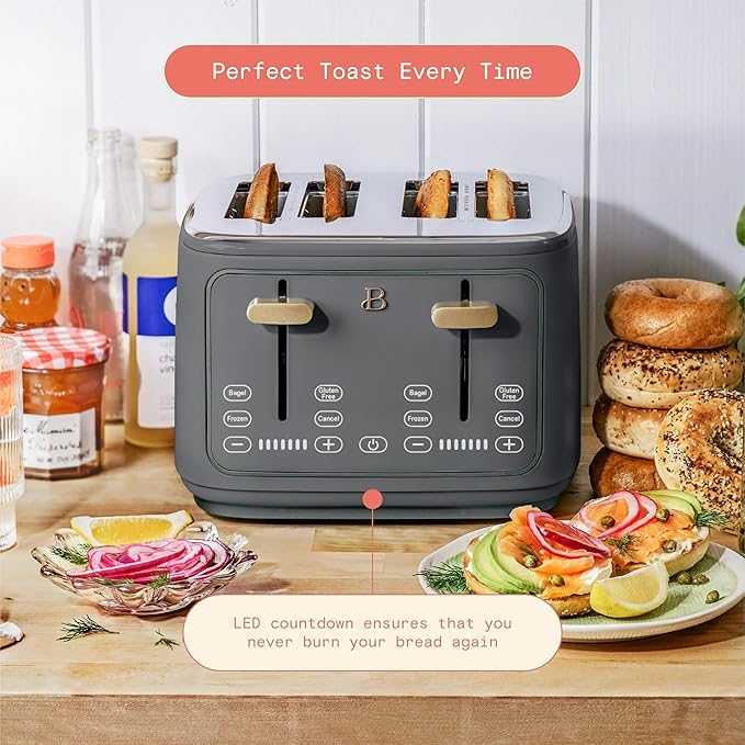 Beautiful 4 Slices Toaster with Touch-Activated Digital Display, Extra Wide Self-Adjusting Slots, Adjustable Shade Control, by Drew Barrymore (Gray)