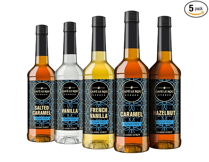 Café Le Rou Coffee Syrup Sugar Free Variety 25.4oz Vanilla, French Vanilla, Caramel, Salted Caramel, Hazelnut - (Sugar Free Variety, 5-Pack) Flavoring Syrup for Coffee, Tea and Espresso Made in the USA