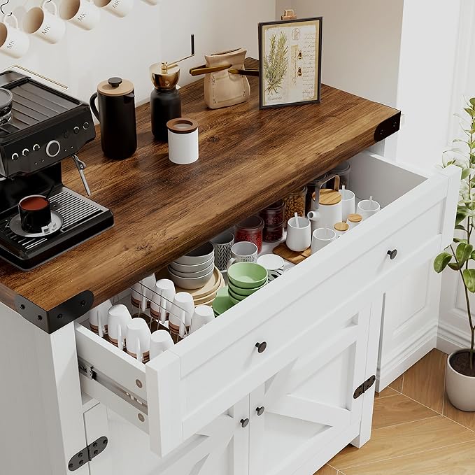 YESHOMY Coffee Bar and Accent Cabinet, Farmhouse Barn Door Buffet Sideboard with Drawer and Adjustable Shelf, Wide Desktop for Kitchen, Dining Room, Bathroom, Entryway, Rustic Brown & White