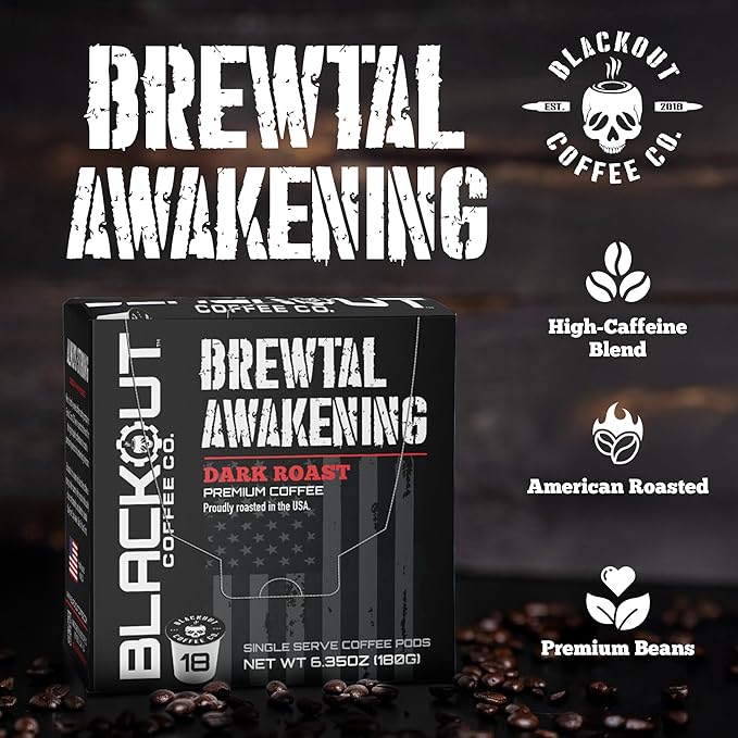 Blackout Coffee Brewtal Awakening Dark Roast Coffee – HIGH CAFFEINE, Bold & Strong, Fuel Your Mission – 18 Count Coffee Pods